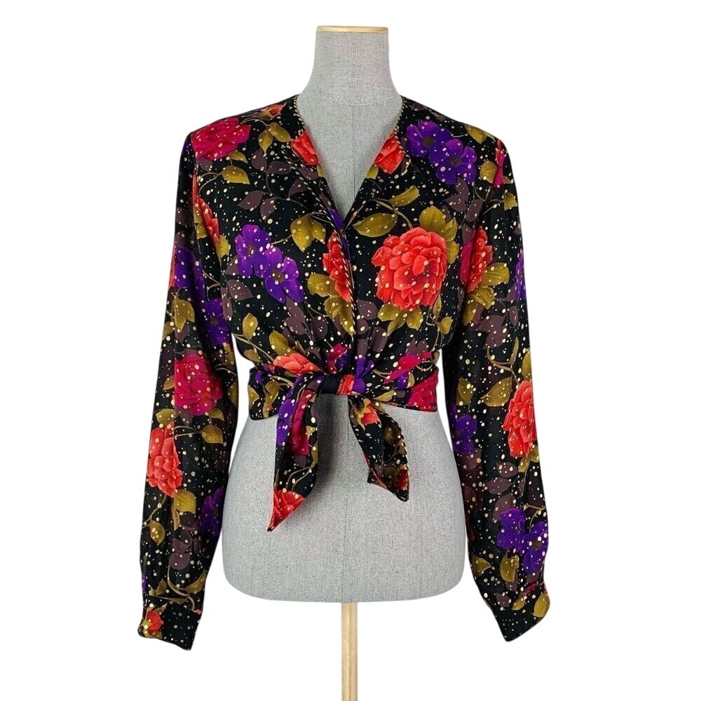 Vintage Shirt Women's 8 Celestial Floral Metallic Gold Dot Corded Button Down